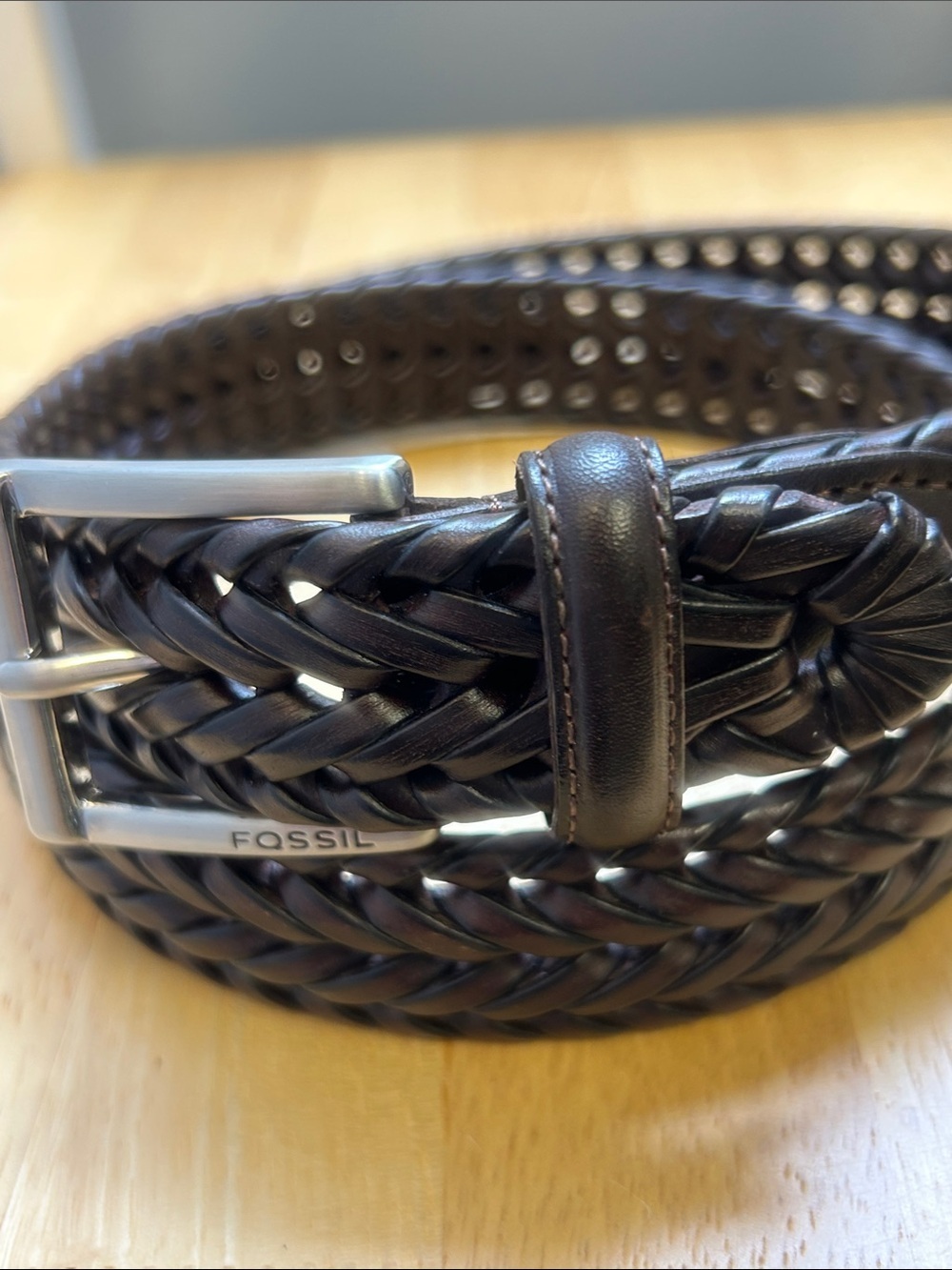 Like New Fossil Myles Brown Braided Leather Belt with Silver Buckle 85/34